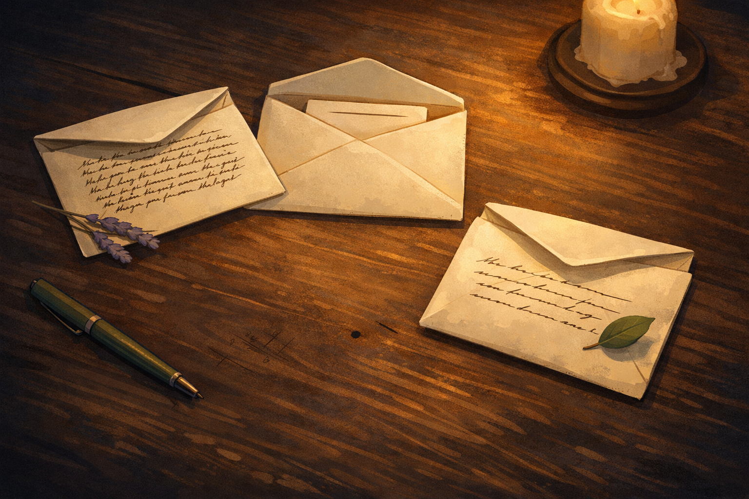 Three handwritten envelopes arranged on a dark wooden surface, each unsealed &mdash; one addressed to the migraine, one to the past self, one to the future self &mdash; a dried lavender flower and a green leaf resting beside them