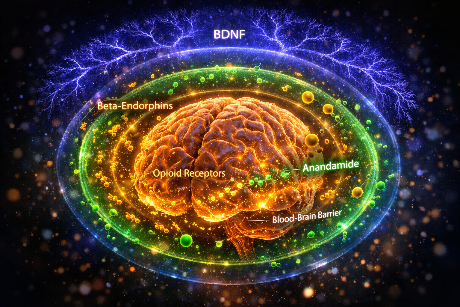 Luminous brain floating in space surrounded by three protective force-field layers — golden beta-endorphins, green anandamide passing the blood-brain barrier, and blue-purple BDNF neural growth patterns