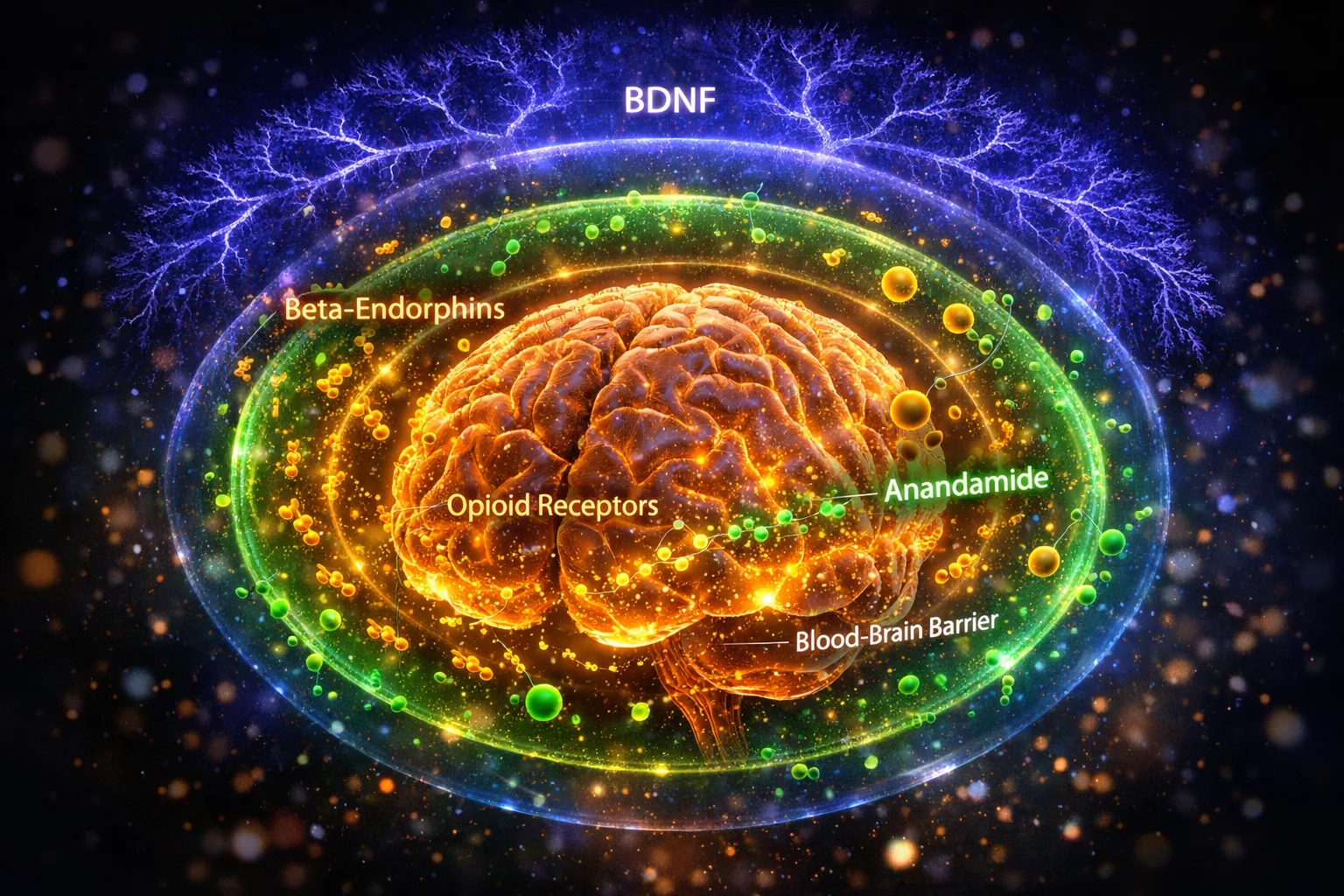 Luminous brain floating in space surrounded by three protective force-field layers — golden beta-endorphins, green anandamide passing the blood-brain barrier, and blue-purple BDNF neural growth patterns