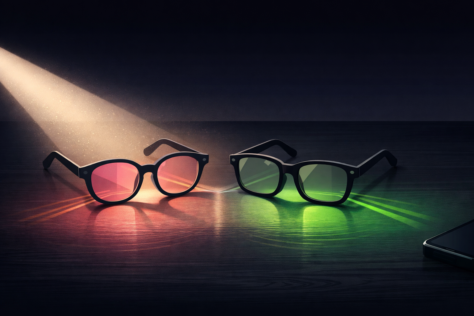 Atmospheric illustration of two pairs of precision-tinted glasses resting on a dark surface — one with a rose FL-41 tint and one with a neutral gray-green Avulux tint — with a beam of light passing through each, splitting into different filtered wavelength patterns on the surface beyond