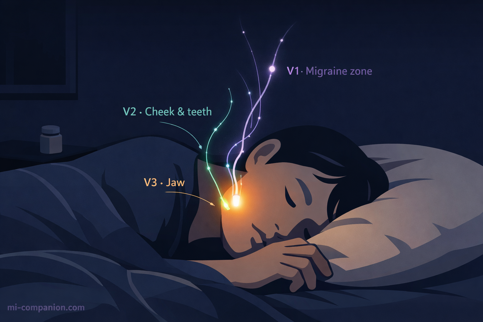 Person sleeping on their side in a dark bedroom, jaw visibly clenched with a warm amber glow at the masseter muscle, three luminous neural pathways rising from the jaw toward the forehead &mdash; V1 migraine zone in lavender, V2 cheek and teeth in teal, V3 jaw in green &mdash; revealing the hidden conversation between bruxism and migraine