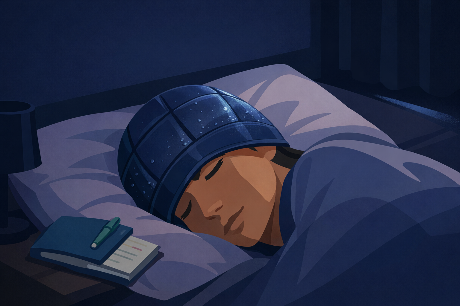 Person lying in a dark bedroom wearing a cold therapy migraine gel wrap &mdash; structured medical device with visible gel chambers and condensation &mdash; the practiced stillness of someone who has done this before