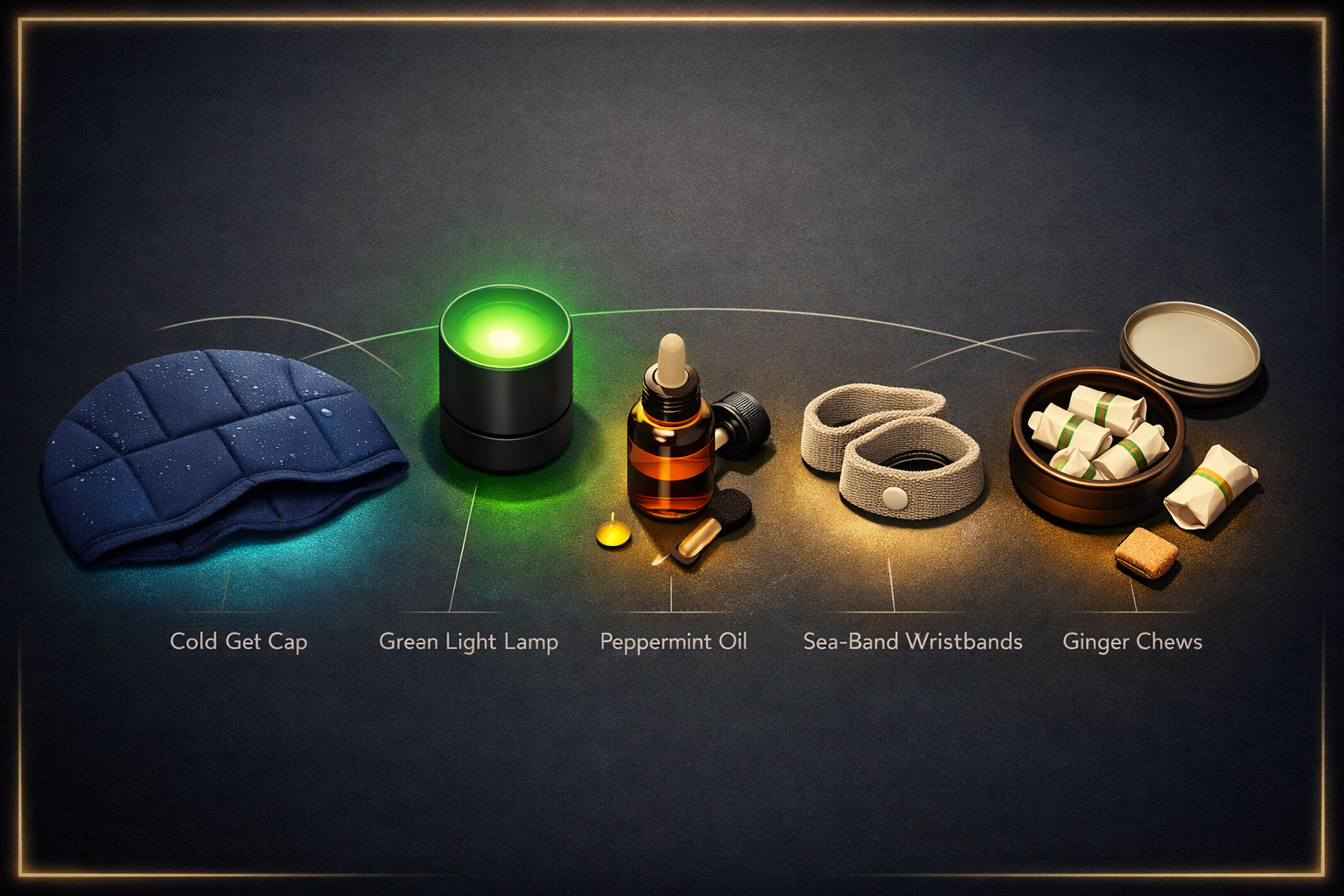 Overhead flat-lay of five non-medication migraine tools on a dark surface: cold gel cap glowing teal, green light lamp, peppermint oil bottle, Sea-Band wristbands, and ginger chews tin — each illuminated by the lamp's green glow