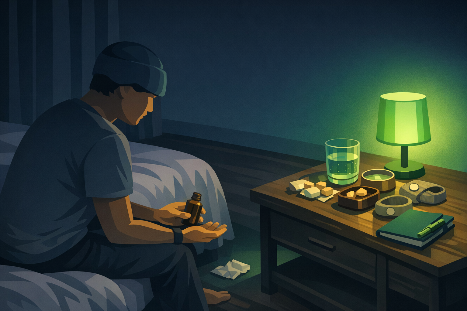 Person in a dark bedroom at 2 AM surrounded by their non-medication migraine toolkit — cold gel cap, green light lamp, peppermint oil, ginger chews, and migraine diary arranged on a bedside table