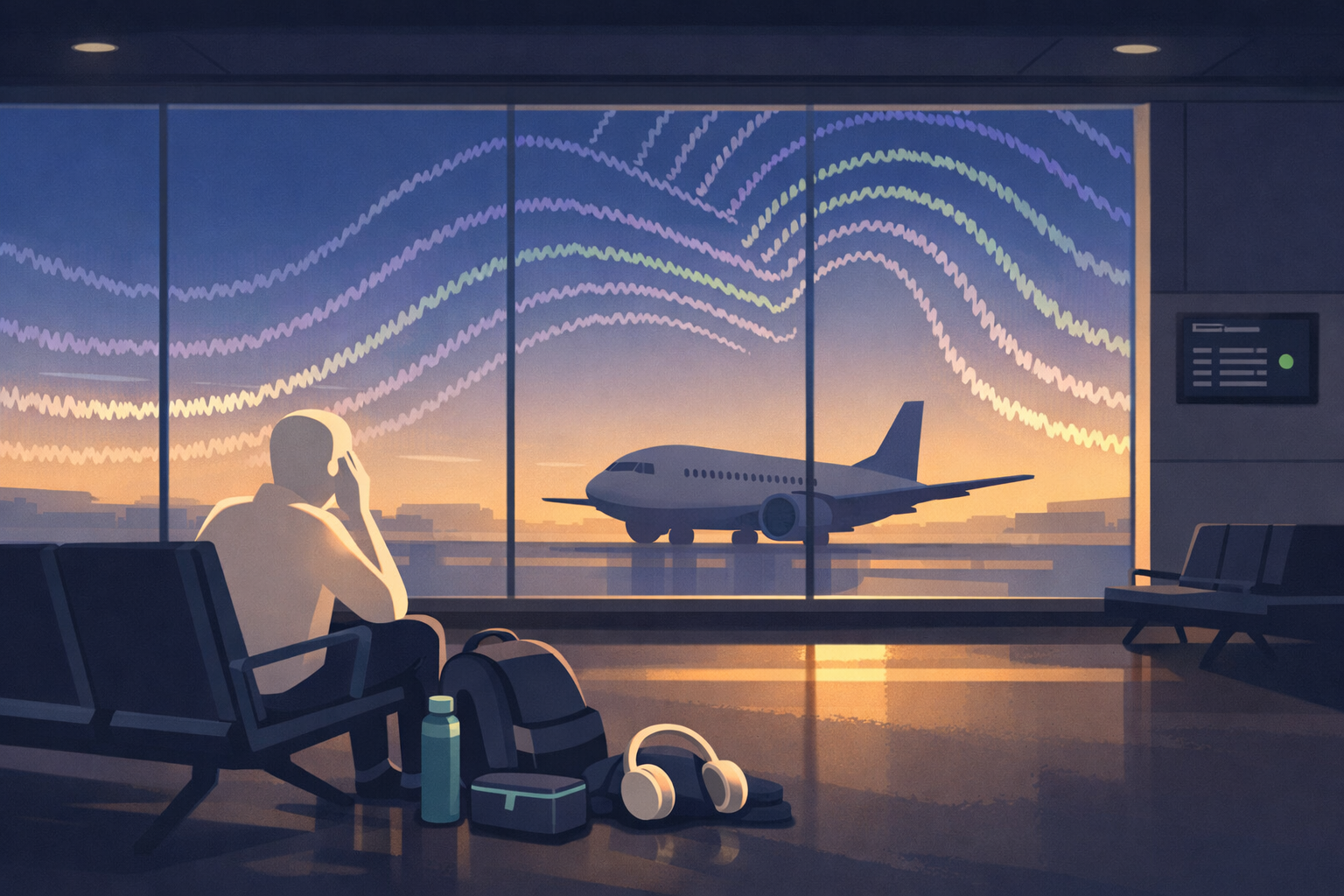 A solitary traveler sitting at an airport gate at dawn, looking through a terminal window at an airplane while abstract migraine aura patterns shimmer across the glass