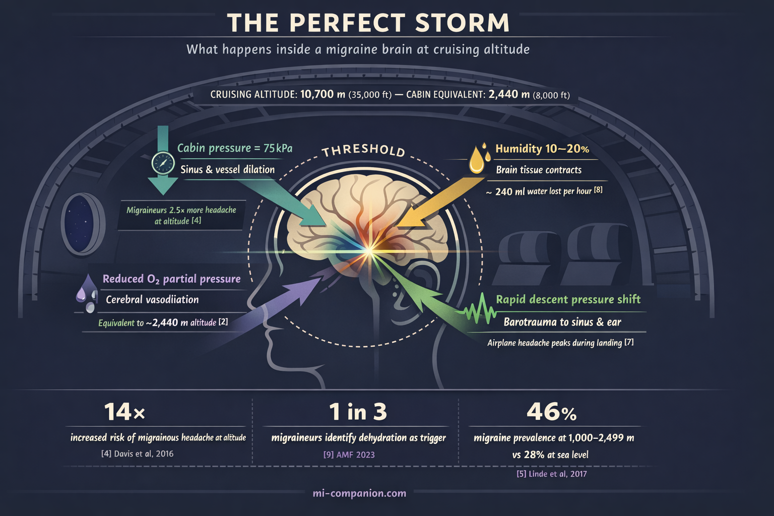 Scientific infographic showing four environmental threat vectors — cabin pressure, dehydration, reduced oxygen, and rapid descent — converging on a cross-section of a migraine brain inside an airplane fuselage at cruising altitude