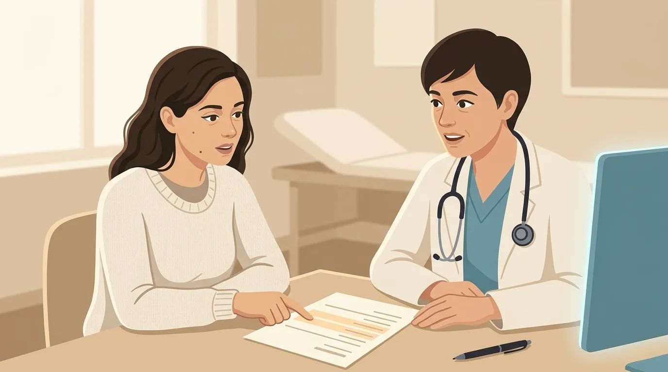 Atmospheric illustration of a young woman in a clean morning consultation with her doctor, leaning forward at the desk and pointing to a specific test on a printed lab order while the doctor listens attentively