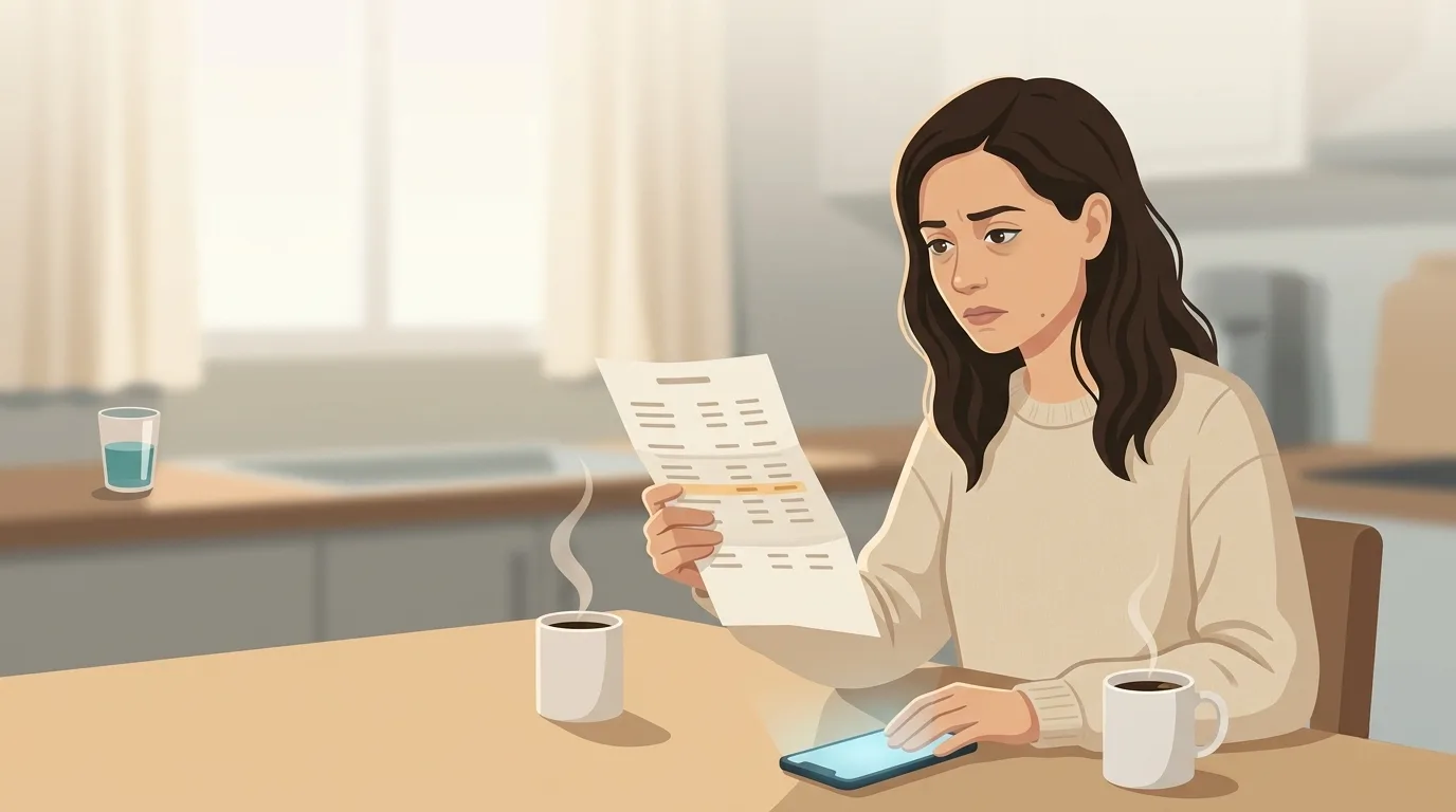 Atmospheric illustration of a woman at her kitchen table in soft morning light, holding a printed lab report and looking thoughtfully at it — the moment of reading 'within normal limits' while her body knows something doesn't add up
