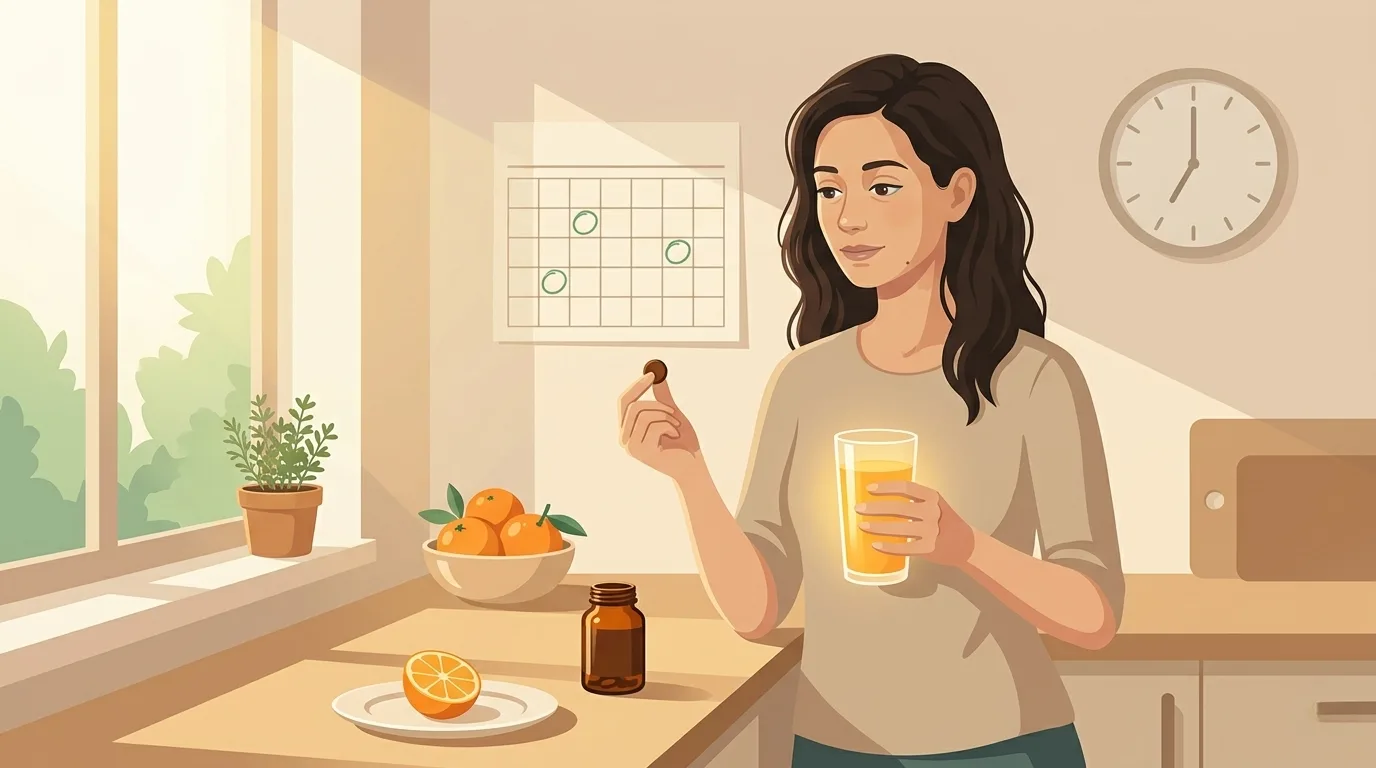 Atmospheric illustration of a woman in her sunlit morning kitchen holding a small iron tablet in one hand and a tall glass of fresh orange juice in the other — a wall calendar behind her shows alternating dates circled in green, visualizing the alternate-day dosing schedule