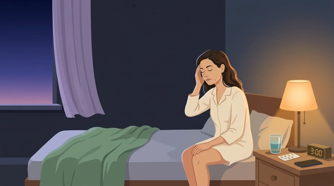 Atmospheric illustration of a woman sitting on the edge of her bed at 3 AM, fingertips at her temple, a half-empty glass of water and open blister pack on the nightstand — the failed-triptan moment the article opens with