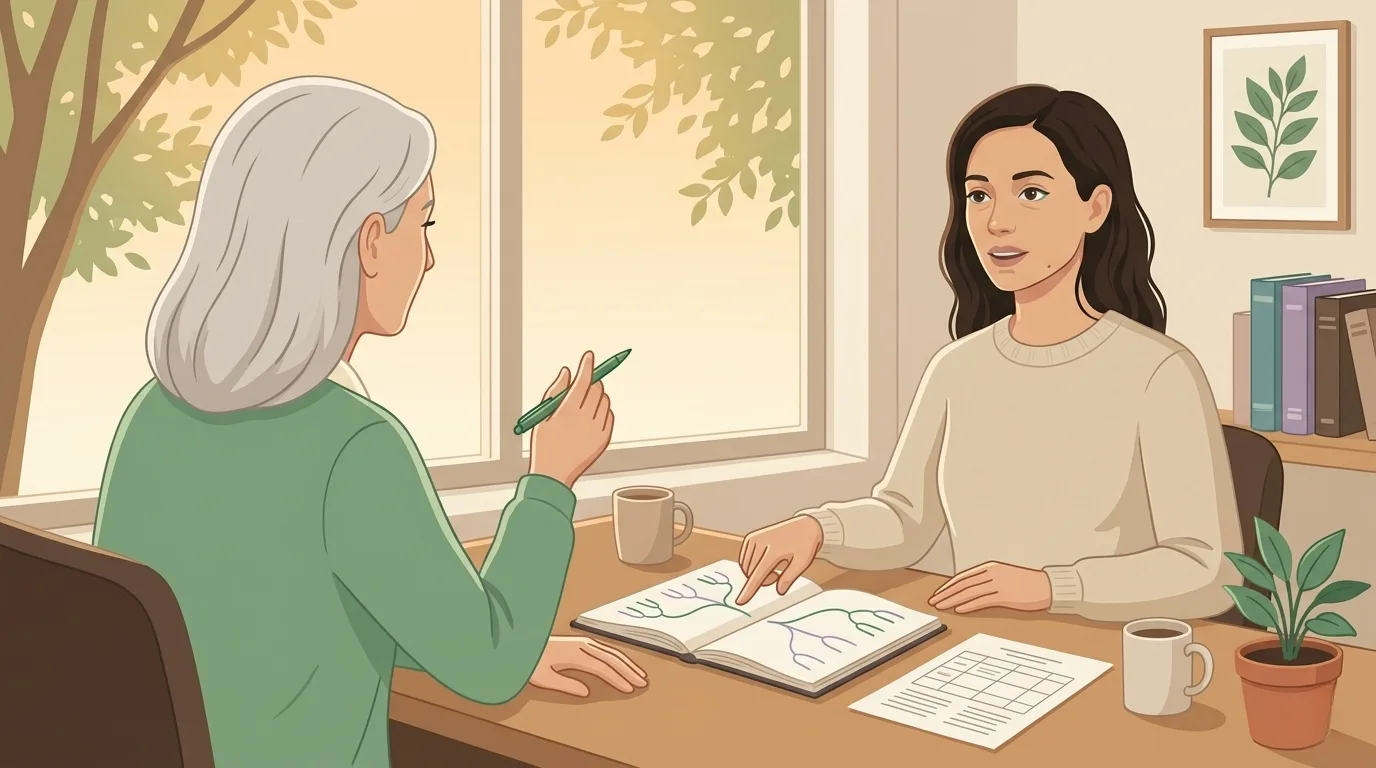 Atmospheric illustration of Anna in conversation with her neurologist across a wooden desk, her notebook open between them showing a hand-drawn branching decision tree, morning light pouring through the window — the empowered patient appointment
