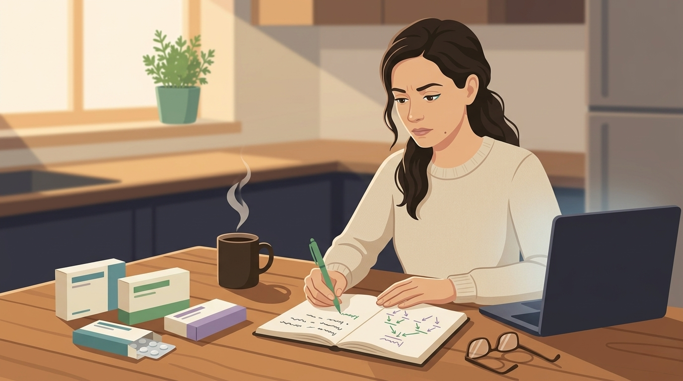 Atmospheric illustration of Anna at her kitchen table the morning after a failed triptan, building a hand-drawn decision tree in her notebook with three medication boxes laid out beside her laptop — the moment of taking ownership of the treatment plan