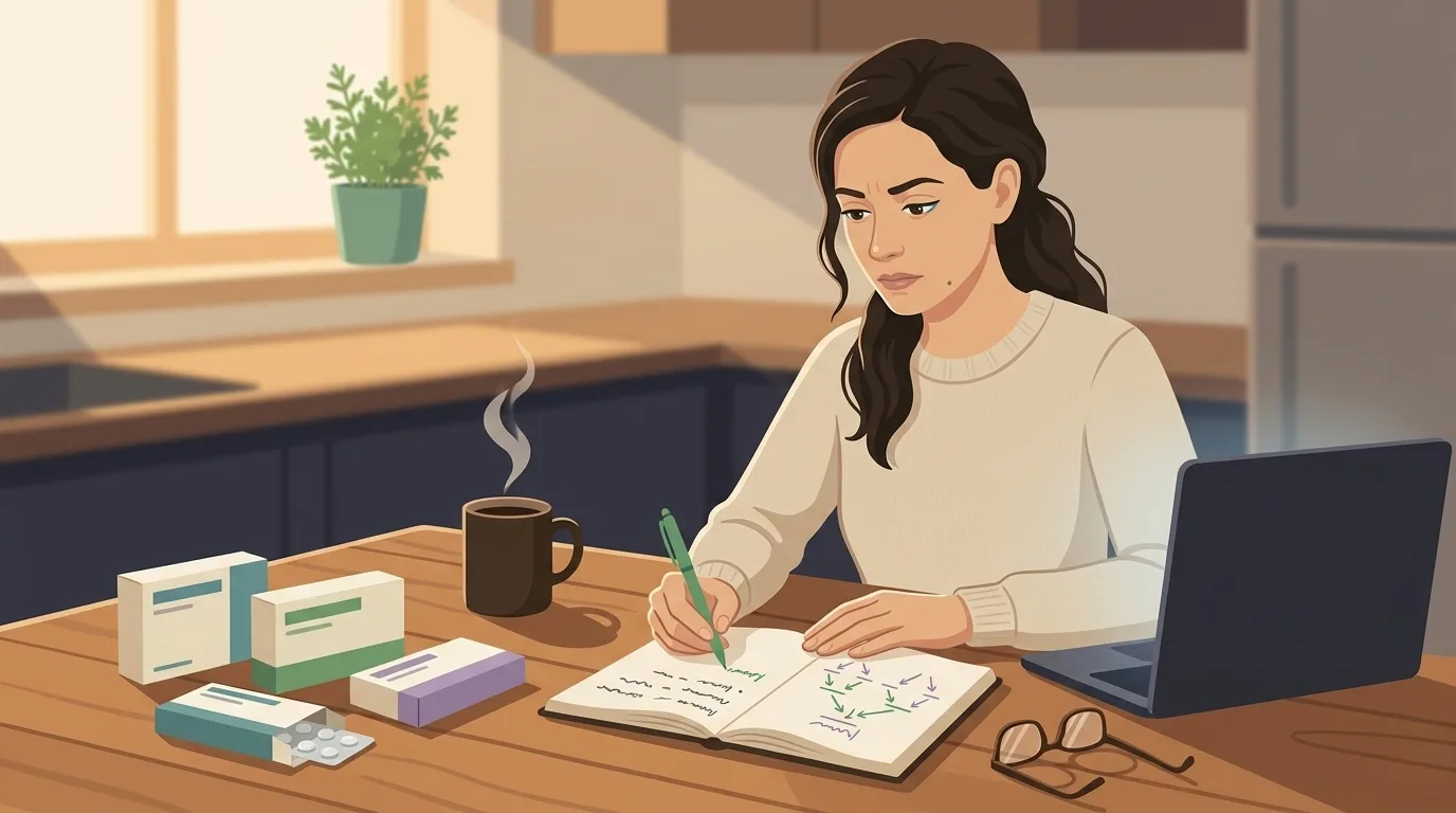 Atmospheric illustration of Anna at her kitchen table the morning after a failed triptan, building a hand-drawn decision tree in her notebook with three medication boxes laid out beside her laptop — the moment of taking ownership of the treatment plan