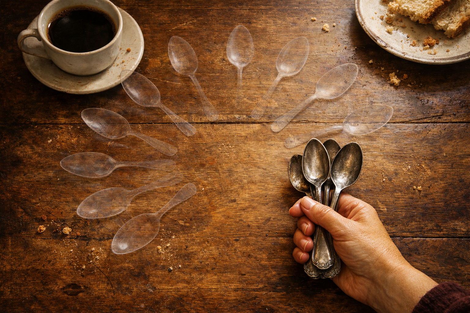 Twelve antique silver spoons on a wooden table, some fading to translucent