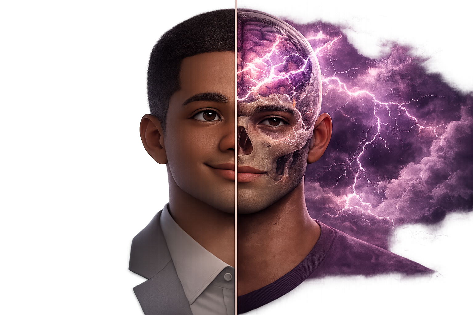 Split portrait: calm face on left, translucent skull with electrical storm on right