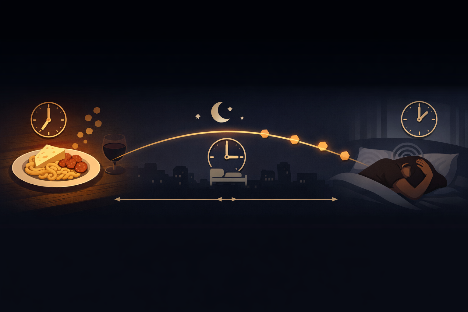 Atmospheric horizontal timeline illustration showing a warm dinner scene on the left — pasta with aged cheese and red wine at 7 PM Tuesday — connected by an arc with amber tyramine molecules traveling across a dark overnight sky, arriving at a darkened bedroom scene on the right where a figure rests with a migraine at 1:30 PM Wednesday, with a moon icon and small clock face at the midpoint