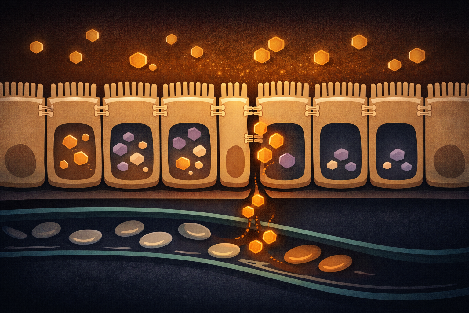 Scientific cross-section illustration of the intestinal epithelial wall showing tyramine molecules (amber) being neutralized by MAO-A enzymes (lavender) inside healthy cells on the left, and a single cell with reduced MAO-A activity on the right where tyramine molecules slip through a gap in the tight junction into the bloodstream below
