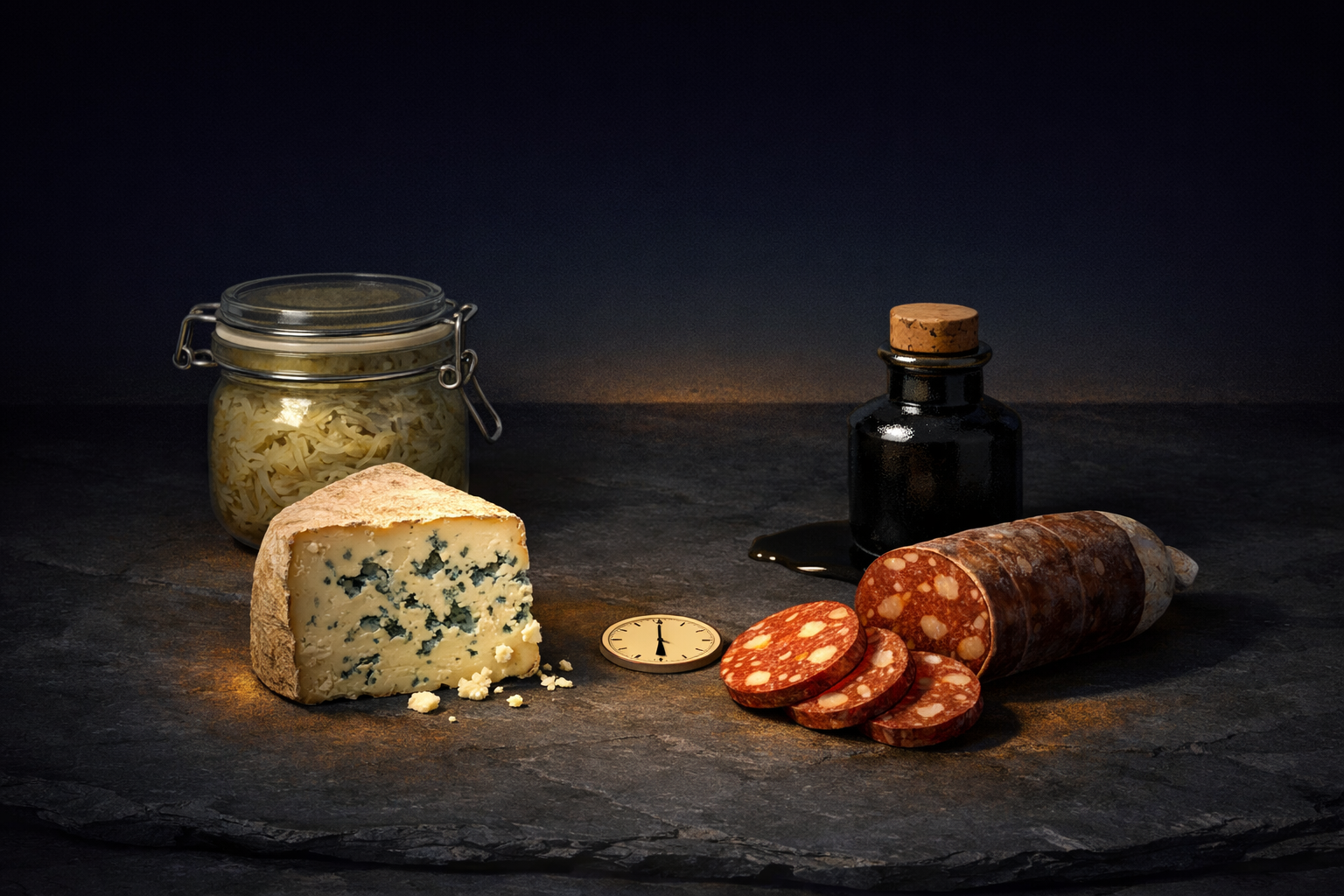 Atmospheric still life of high-tyramine foods — aged blue cheese wedge, sliced salami, dark soy sauce bottle, sauerkraut jar — arranged on a dark slate surface with warm amber light pooling beneath each food, a small clock face barely visible between the cheese and salami referencing the 24-hour delay