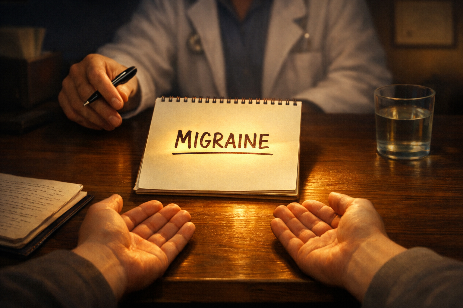 A doctor's hand slides a notepad across a desk toward a patient — the word MIGRAINE written on it in warm gold light, falling across the patient's open, receiving hands