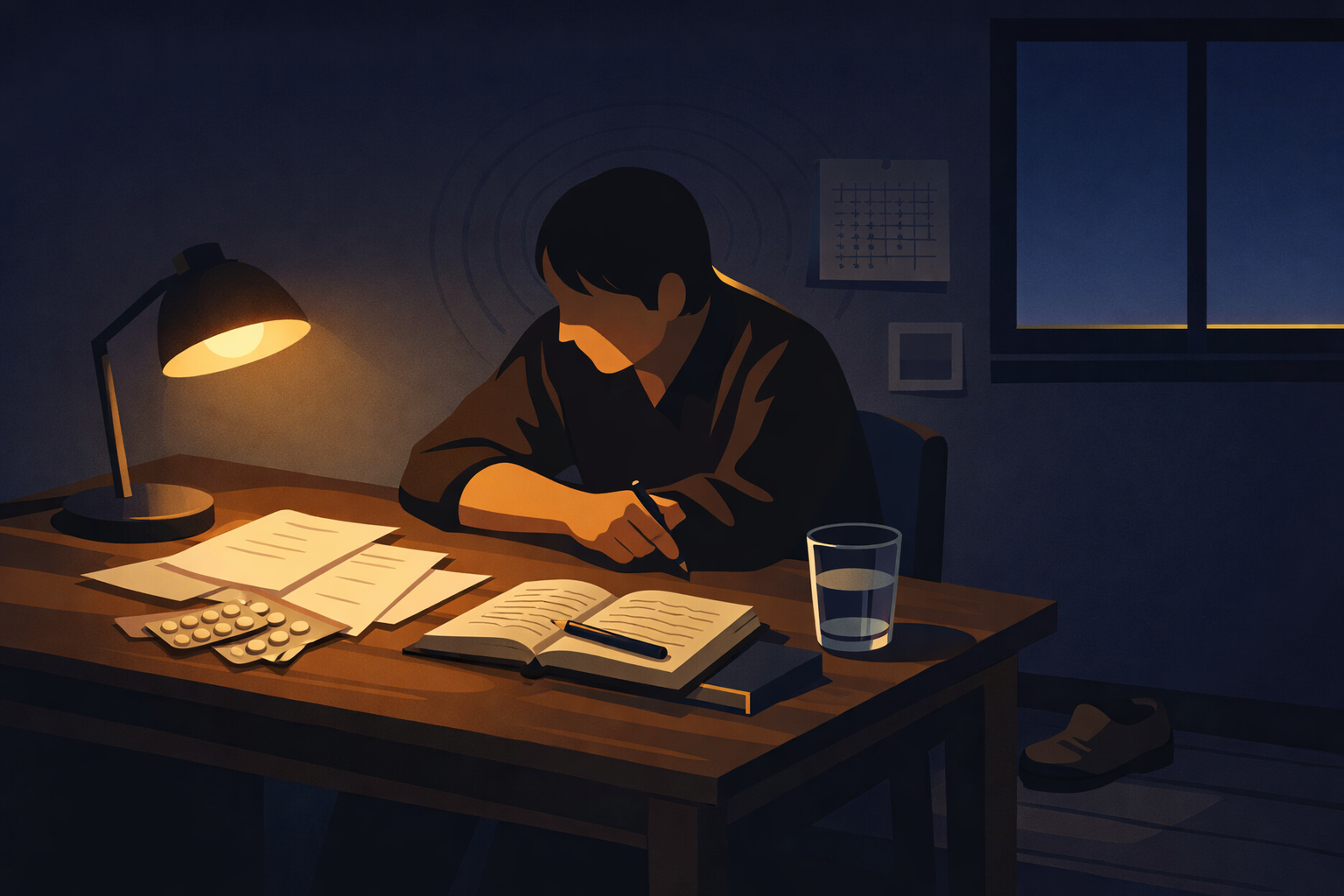 A solitary figure sits at a desk late at night surrounded by medical papers and pill blister packs — the quiet exhaustion of years living with undiagnosed migraine