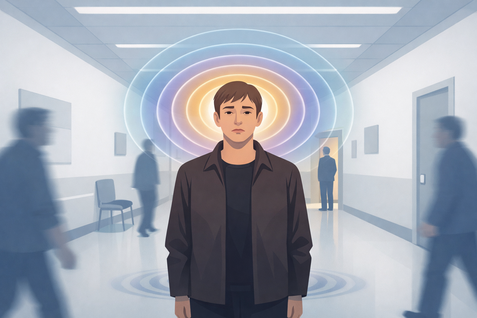 A figure stands still in a clinical corridor, a visible aura of concentric rings radiating from their temples, while people move past without acknowledging what is plainly radiating from them