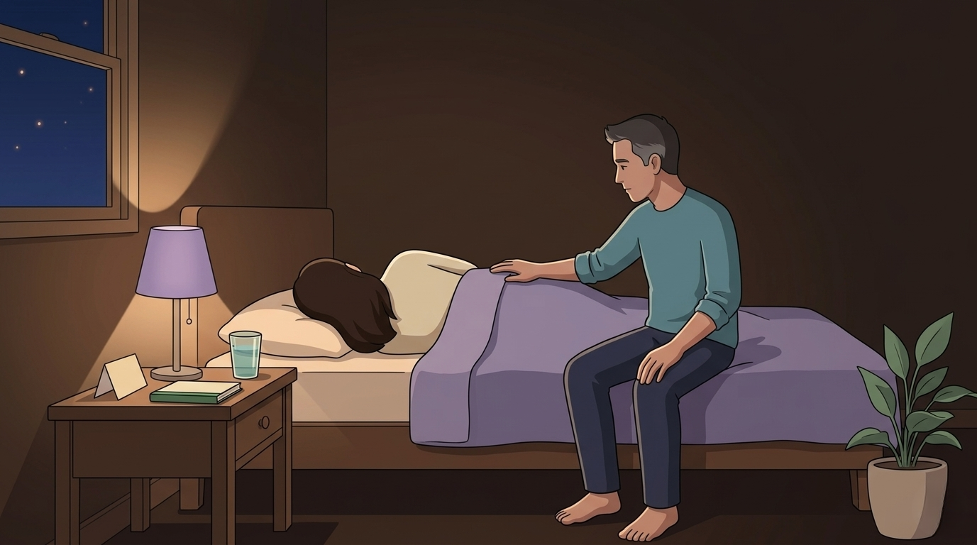 The same couple in their bedroom at night — she lies curled on her side under a lavender blanket, he sits on the edge of the bed with his hand resting gently on her back between her shoulder blades, a single lavender-shaded lamp on the nightstand emits warm amber light, the growing sage-green plant now larger on the floor