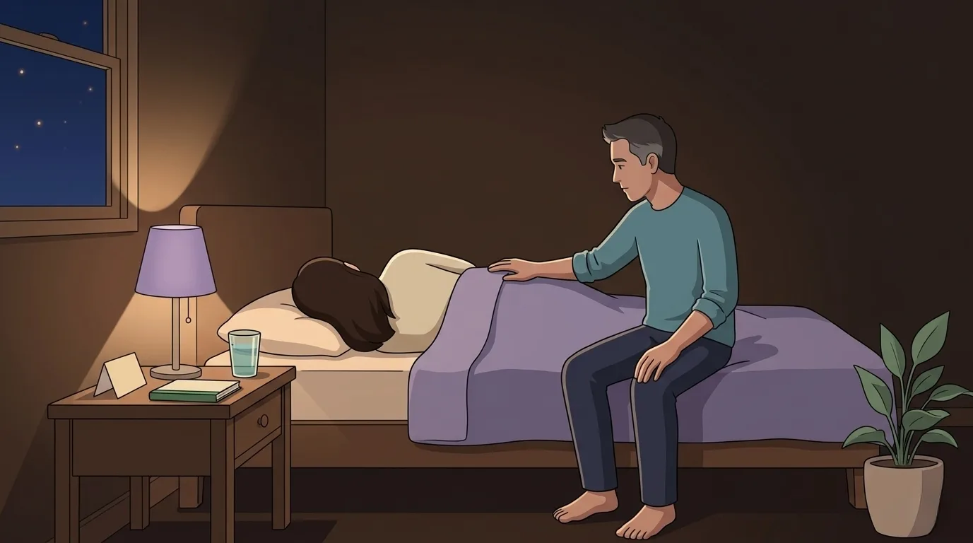 The same couple in their bedroom at night — she lies curled on her side under a lavender blanket, he sits on the edge of the bed with his hand resting gently on her back between her shoulder blades, a single lavender-shaded lamp on the nightstand emits warm amber light, the growing sage-green plant now larger on the floor