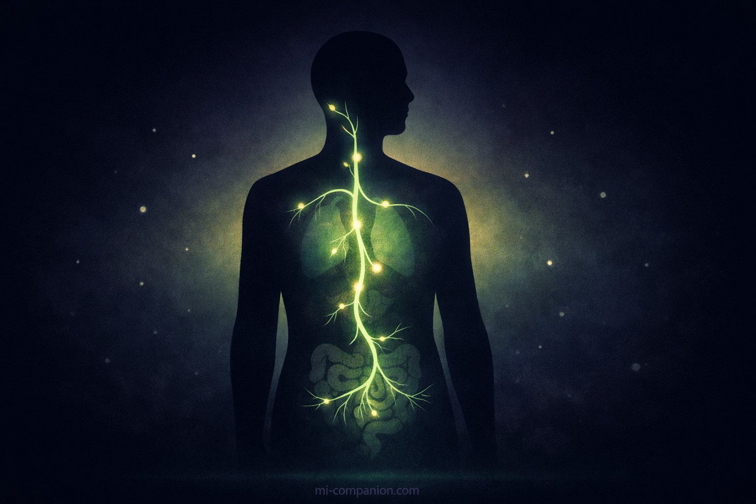 A human silhouette with the vagus nerve glowing as a bioluminescent pathway from brainstem through neck, heart, lungs, and gut — the body's hidden highway to calm