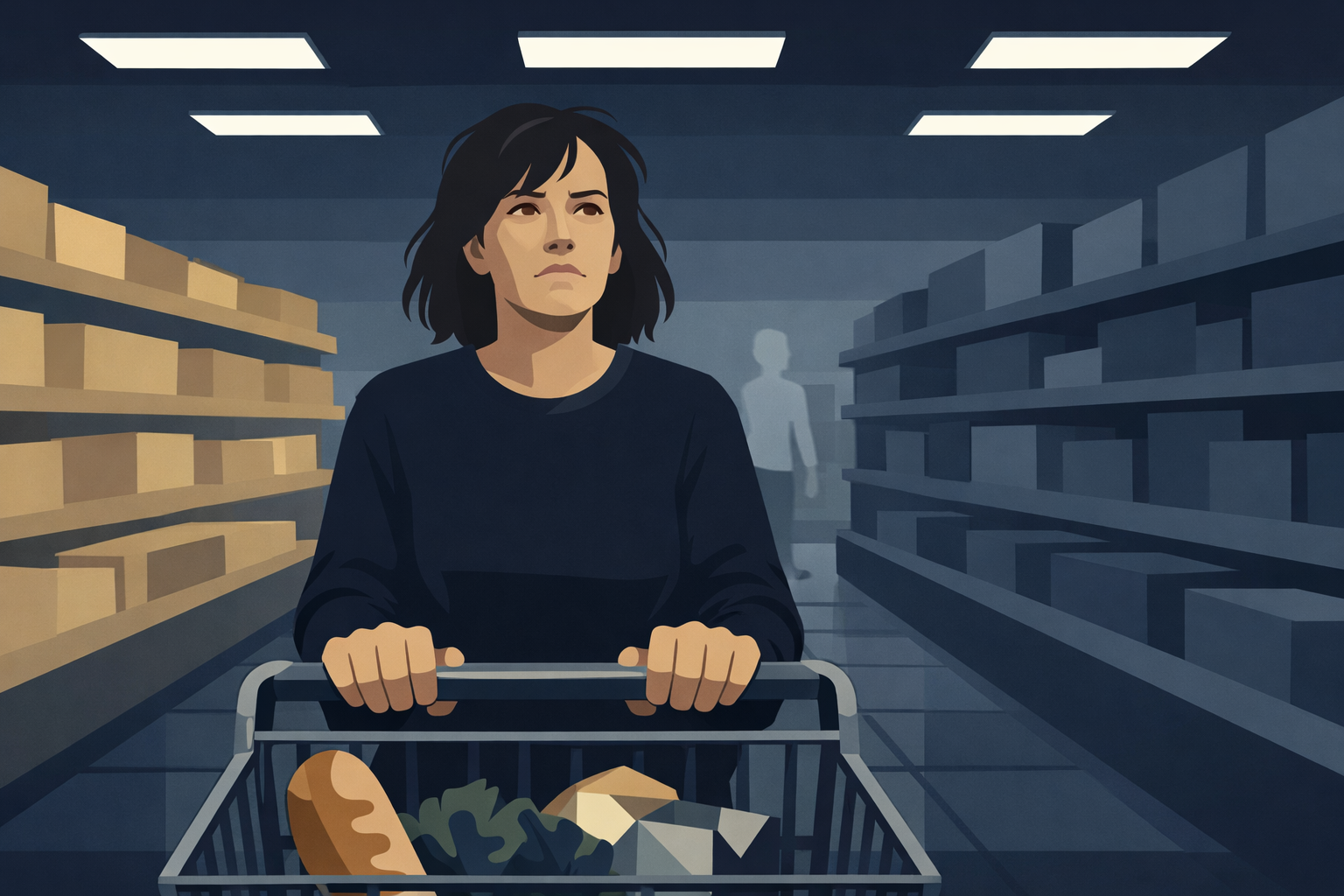 A woman grips a grocery store shopping cart with both hands, her gaze unfocused and upward &mdash; the moment a vestibular migraine attack begins in a public place, with no headache, only the world refusing to hold still