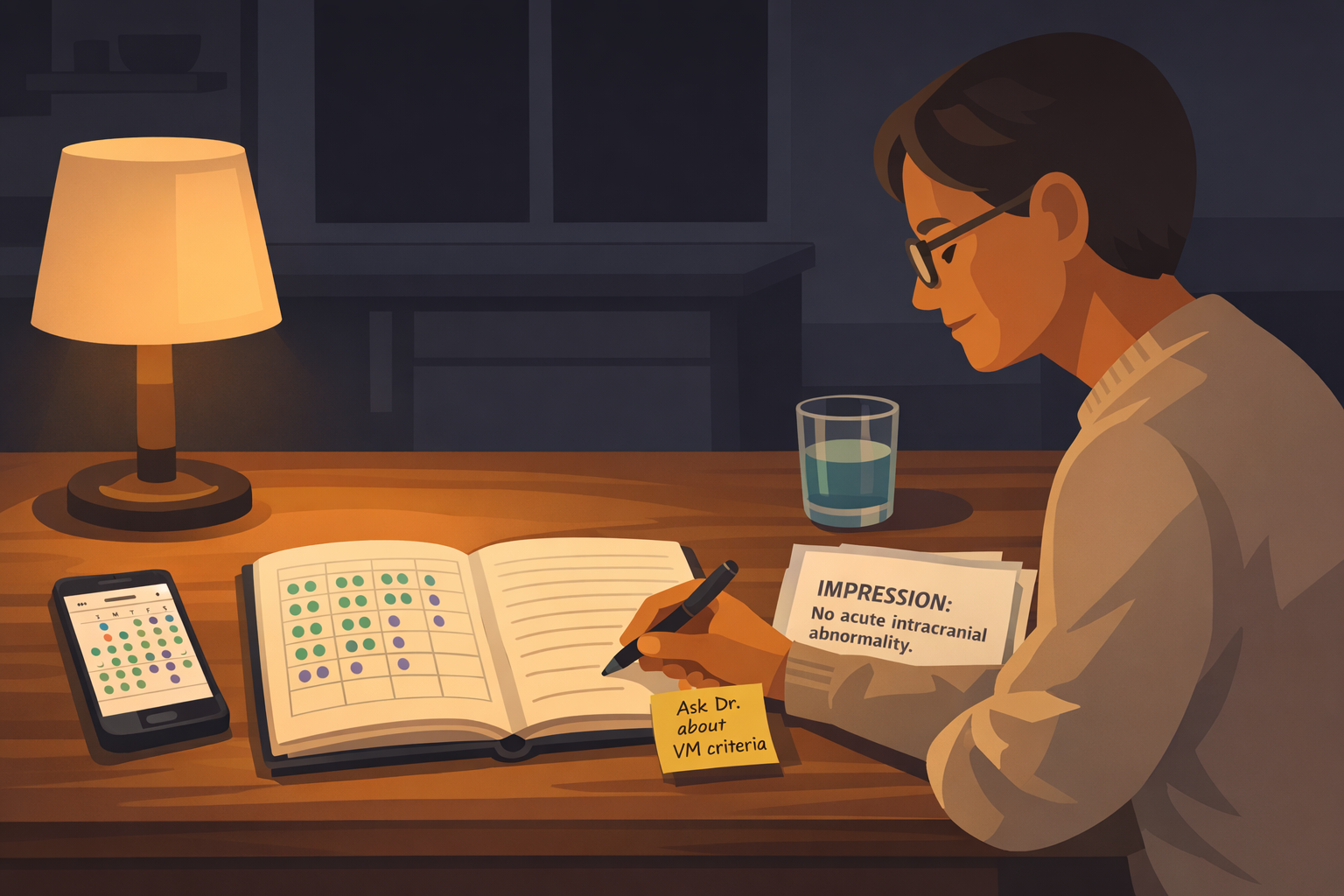 A person sits upright at a kitchen table late at night writing in an open symptom diary under warm lamplight, with a phone showing a calendar app, a glass of water, and printed MRI results reading 'No acute intracranial abnormality' &mdash; a sticky note on the notebook reads 'Ask Dr. about VM criteria'