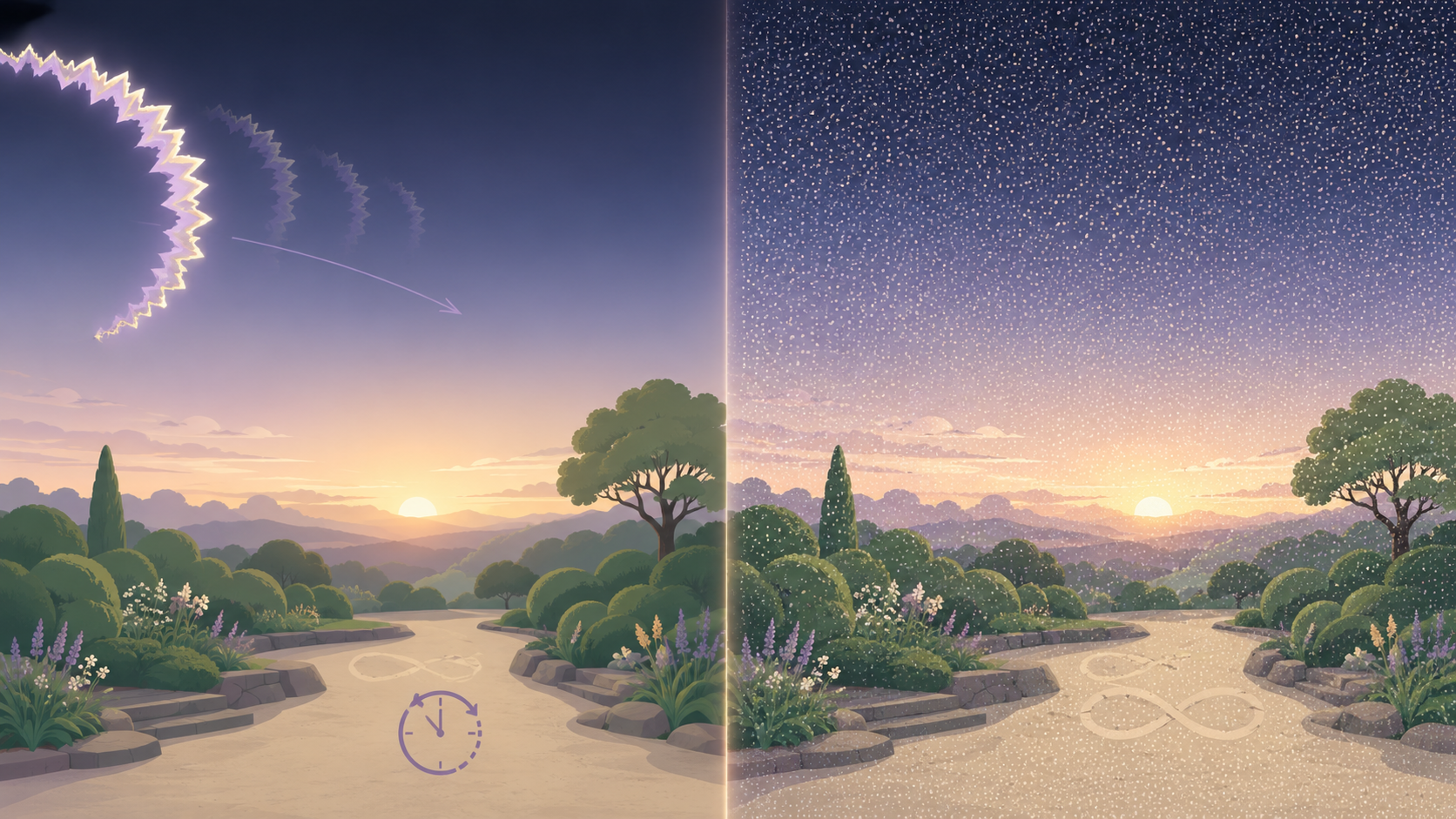 A side-by-side comparison of the same calm dawn scene: on the left, migraine aura as a single shimmering arc in one corner that is fading away &mdash; an event; on the right, visual snow as a constant, even veil of tiny dots covering the entire field &mdash; a state