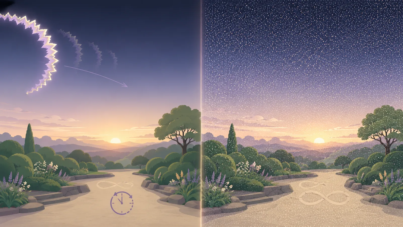 A side-by-side comparison of the same calm dawn scene: on the left, migraine aura as a single shimmering arc in one corner that is fading away &mdash; an event; on the right, visual snow as a constant, even veil of tiny dots covering the entire field &mdash; a state