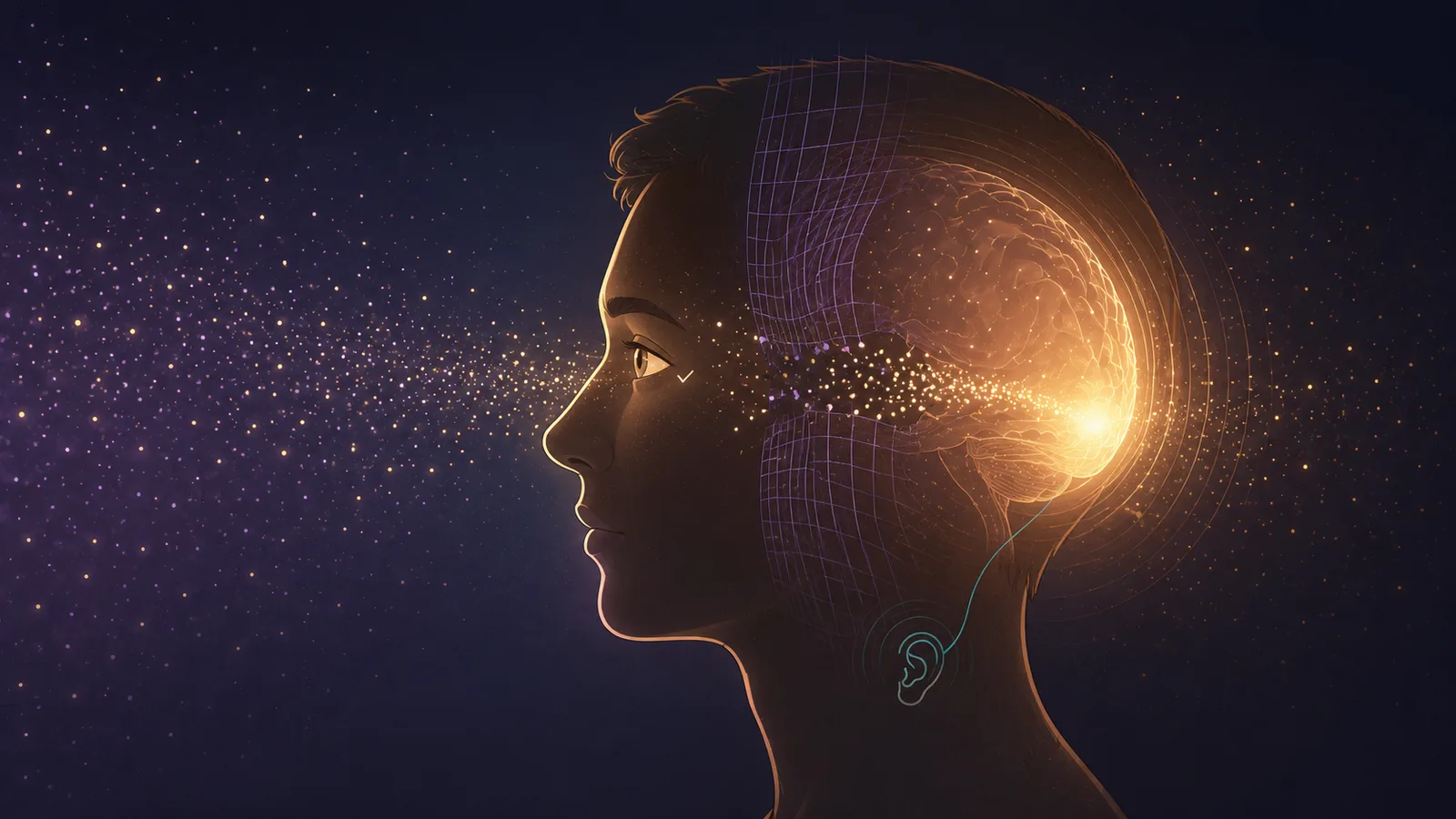 A calm human profile: the eye looks ordinary and healthy, while the visual cortex at the back of the head glows warmly and leaks a stream of tiny dots forward through a failing filter &mdash; showing that visual snow is generated in the brain, not the eyes