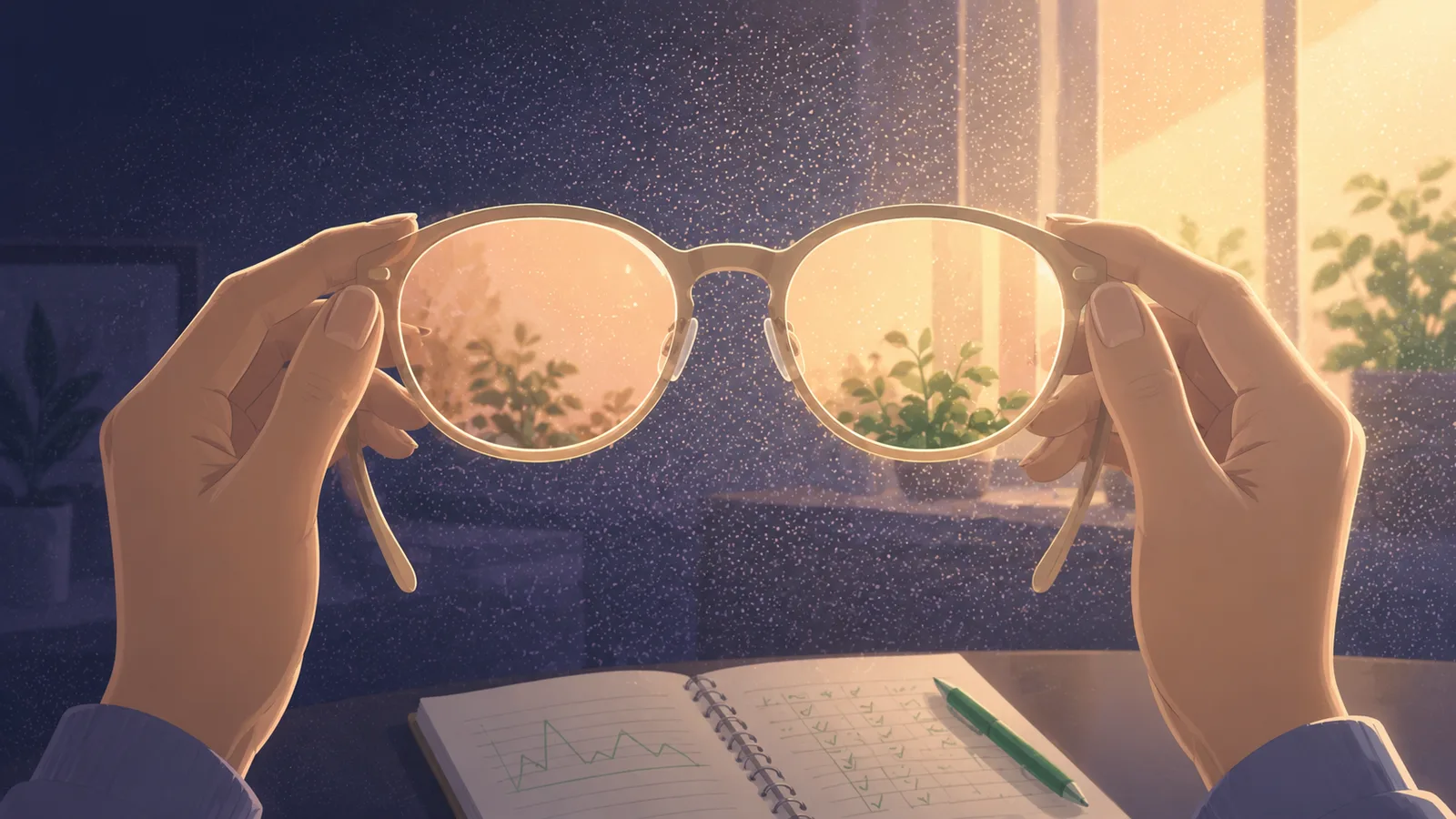 Two hands lifting a pair of rose-tinted FL-41 glasses toward soft window light; seen through the lenses, the same scene appears warmer and calmer with fewer dots, beside a small migraine diary and green pen