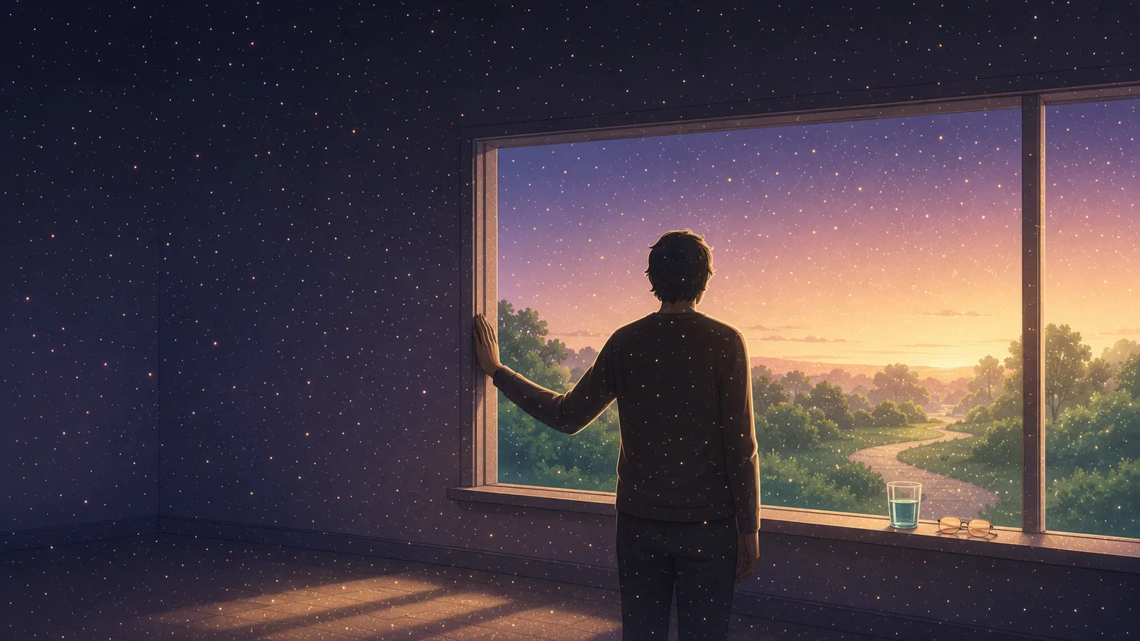 A person at a window at dawn, looking out at a soft garden through a constant, gentle veil of tiny luminous dots covering the whole scene &mdash; the pan-field static of visual snow syndrome