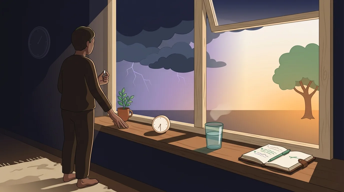 A person standing at a window at dawn, holding a small pill between thumb and forefinger. On the windowsill: an analog clock showing 6:20, a glass of water, an open diary with tracked entries, and a small green sprig. Through the window, two atmospheres meet — a retreating storm to the left and a warm dawn rising to the right.
