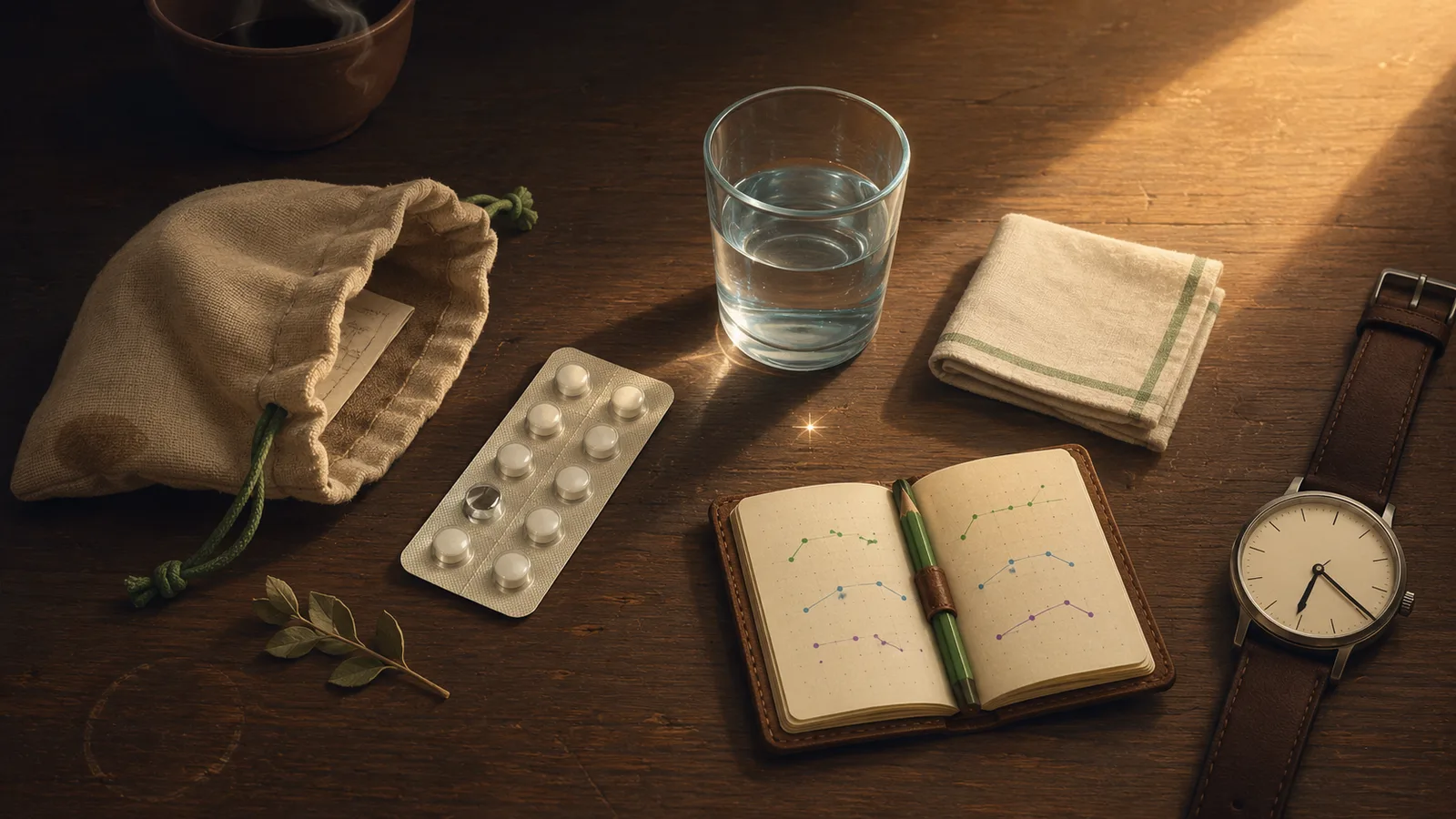 A still life from overhead: a small fabric pouch with a green drawstring open on a worn wooden surface, alongside a blister pack of pills (one missing), a clear glass of water, a folded white cloth with a green border stripe, a small open leather-bound diary showing colored data marks like constellations, a green pencil, and a simple analog wristwatch with a brown leather strap. Warm morning light enters from the upper right, casting soft directional shadows. A single bright point of light catches between the glass and the diary.