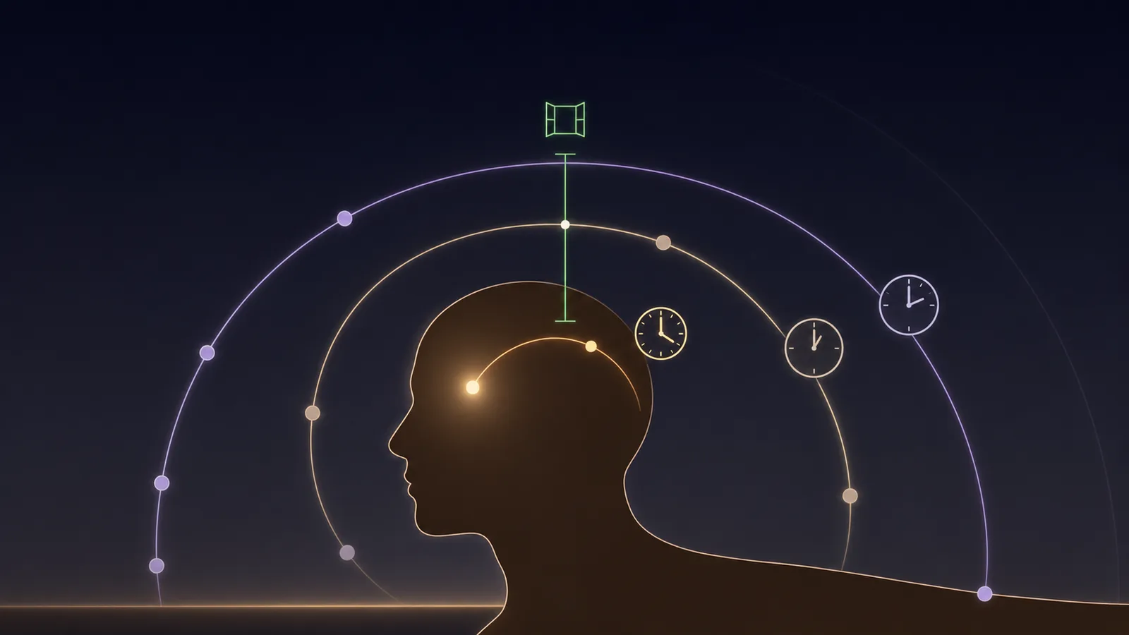 Side profile silhouette of a human head with three expanding concentric arcs of light emanating from a glowing point at the temple. Each arc is marked with a clock face showing 20 minutes, 60 minutes, and 120 minutes. A small green window icon sits above the figure, visually marking the 20-minute treatment window. The colors progress from warm amber at the origin to muted lavender at the outermost arc, illustrating how central sensitization spreads outward through the trigeminal pain pathway.