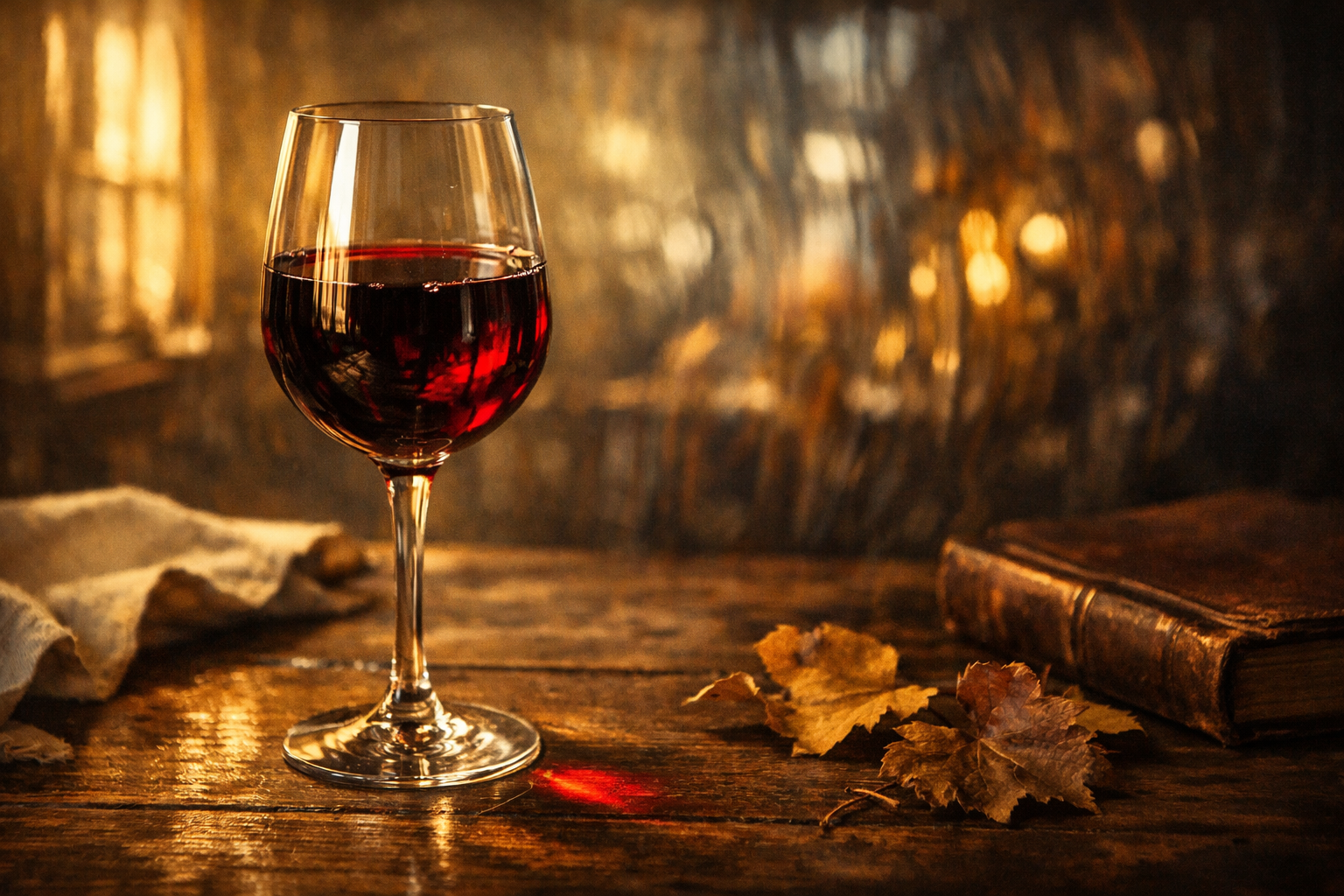 Elegant glass of red wine with warm golden lighting and subtle dreamlike distortion in background suggesting migraine uncertainty