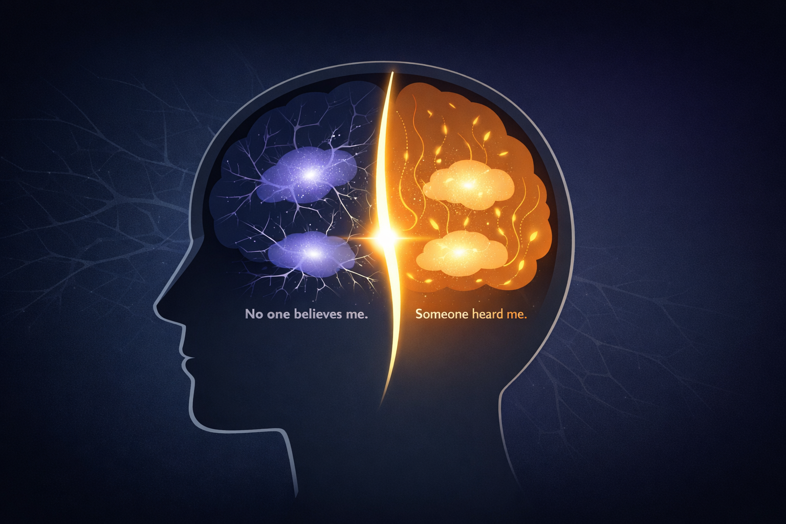 A cross-section silhouette of a human head in profile showing two contrasting brain zones separated by a luminous threshold line &mdash; the left zone cool indigo with stressed neural activity, the right zone warm amber with quieted circuitry &mdash; representing how social context changes brain chemistry