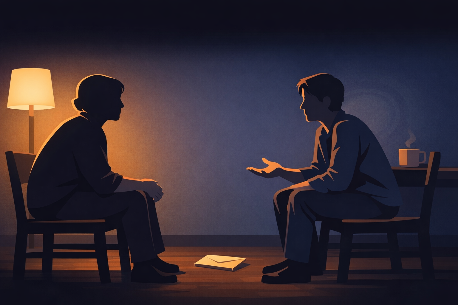 Two figures seated in a warmly lit room facing each other — one speaking with open hands, one listening with complete unhurried attention — the amber lamplight catching their silhouettes against deep indigo darkness