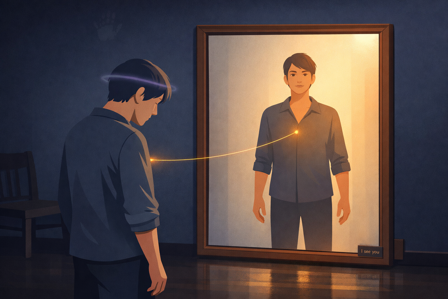 A solitary figure standing before a large floor-to-ceiling mirror in a dimly lit room &mdash; their real posture slightly contracted under the weight of being unbelieved, while the reflection stands upright and open, lit warmly &mdash; the self a caring witness would see