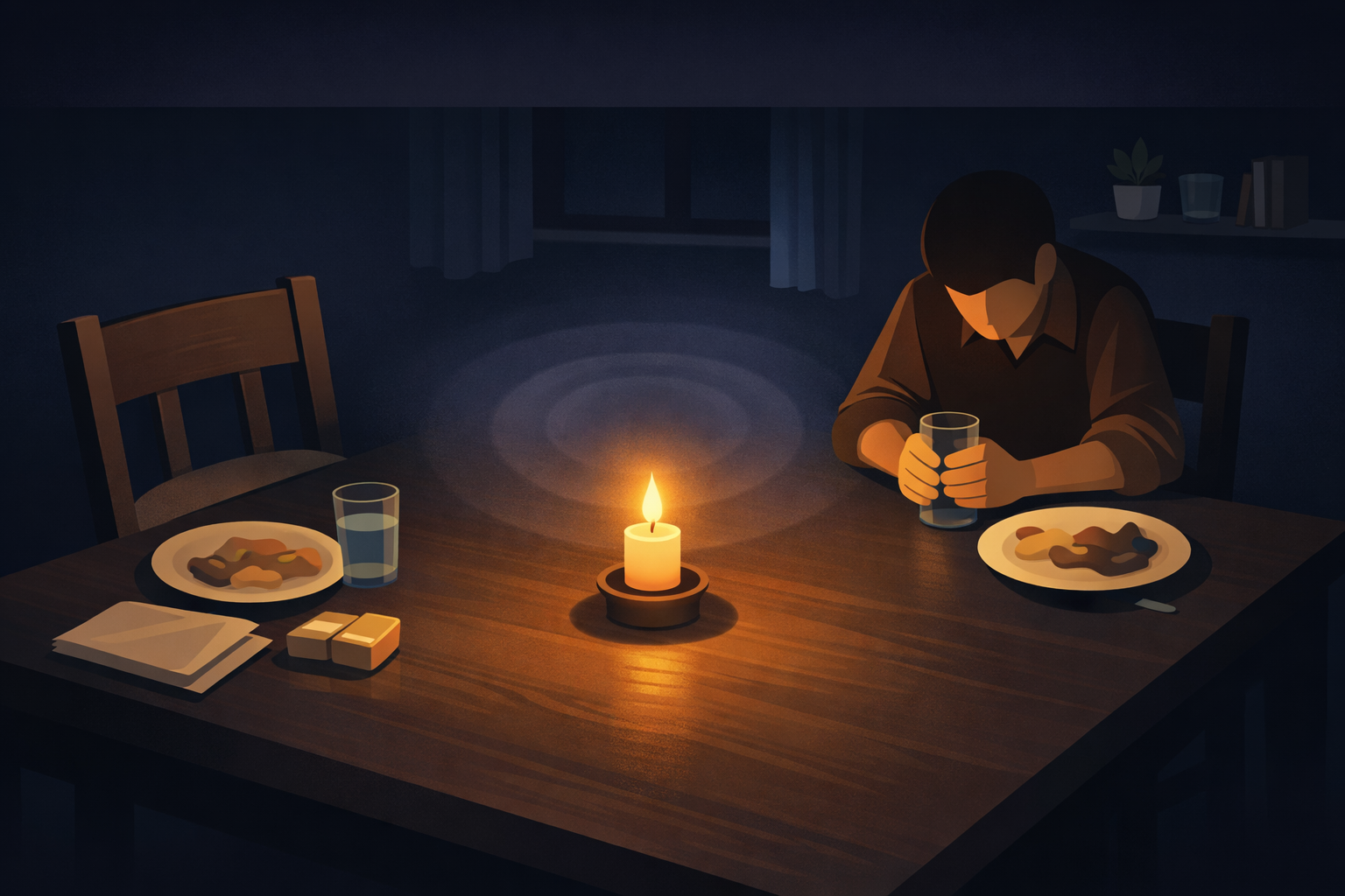 A dinner table set for two in a candlelit room &mdash; one chair empty, one figure seated holding their glass and looking down &mdash; but a third atmospheric presence occupies the space between them, declared by a pocket of cool lavender shadow where the candlelight does not quite reach