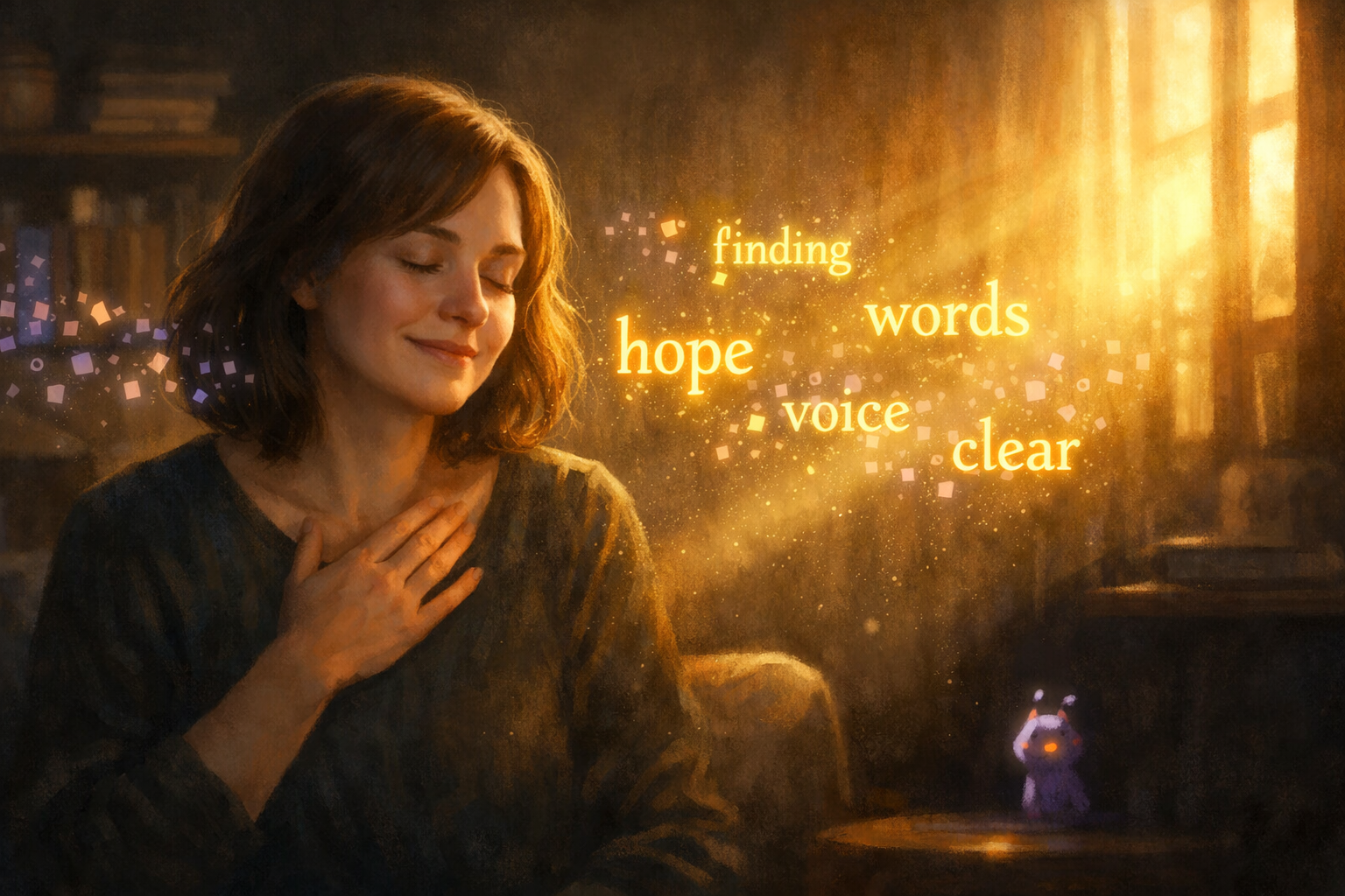 Scattered letter-particles reassembling into words in warm golden light, symbolizing the return of language after migraine aphasia